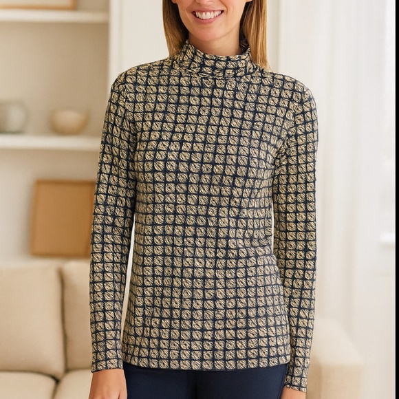 J MCLAUGHLIN NORA TOP TURTLENECK SANA BLUE SQUARE PATTERN MODERN LIGHTWEIGHT L - Picture 1 of 10